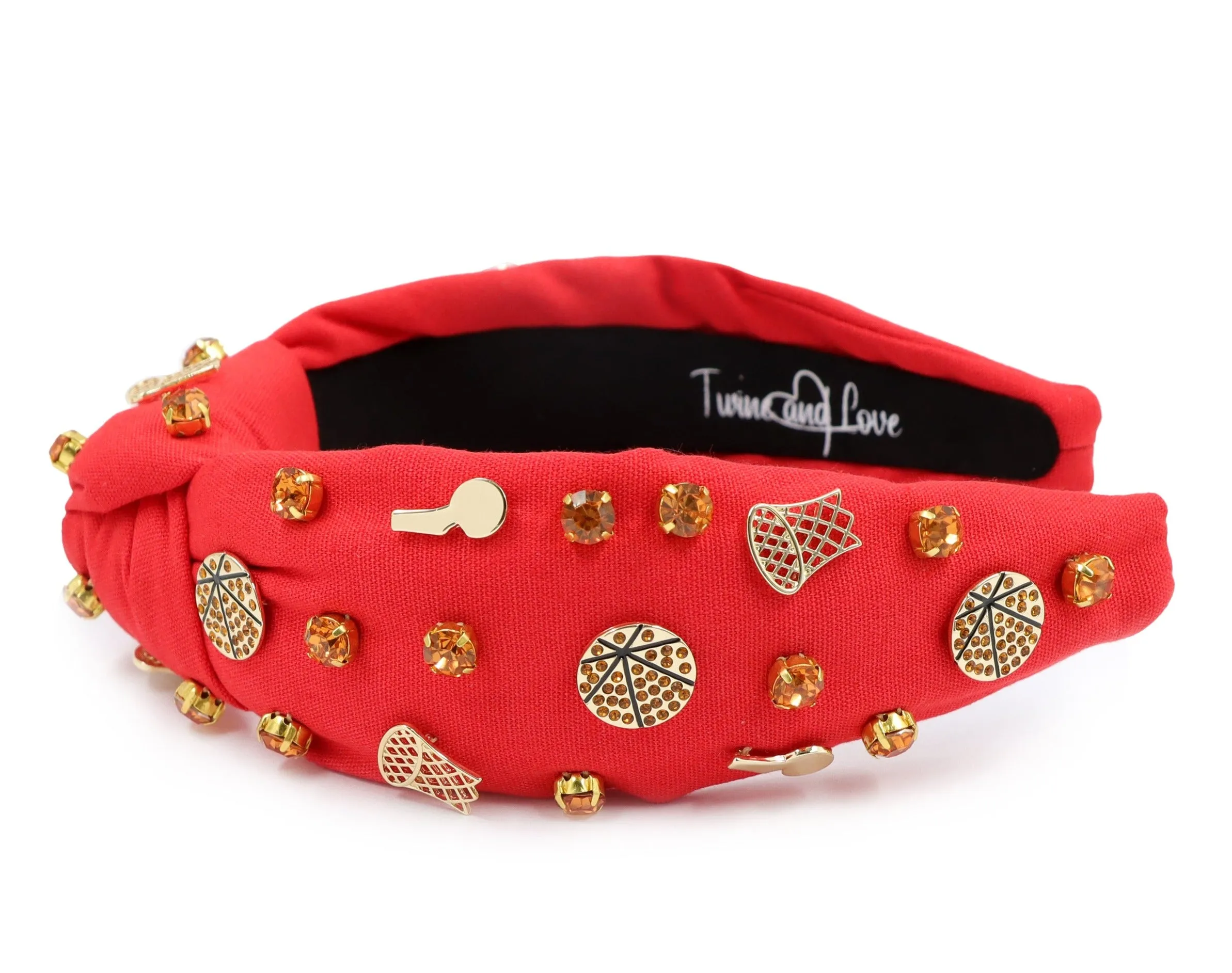 Hand Sewn Red Basketball Jeweled Knot Headband