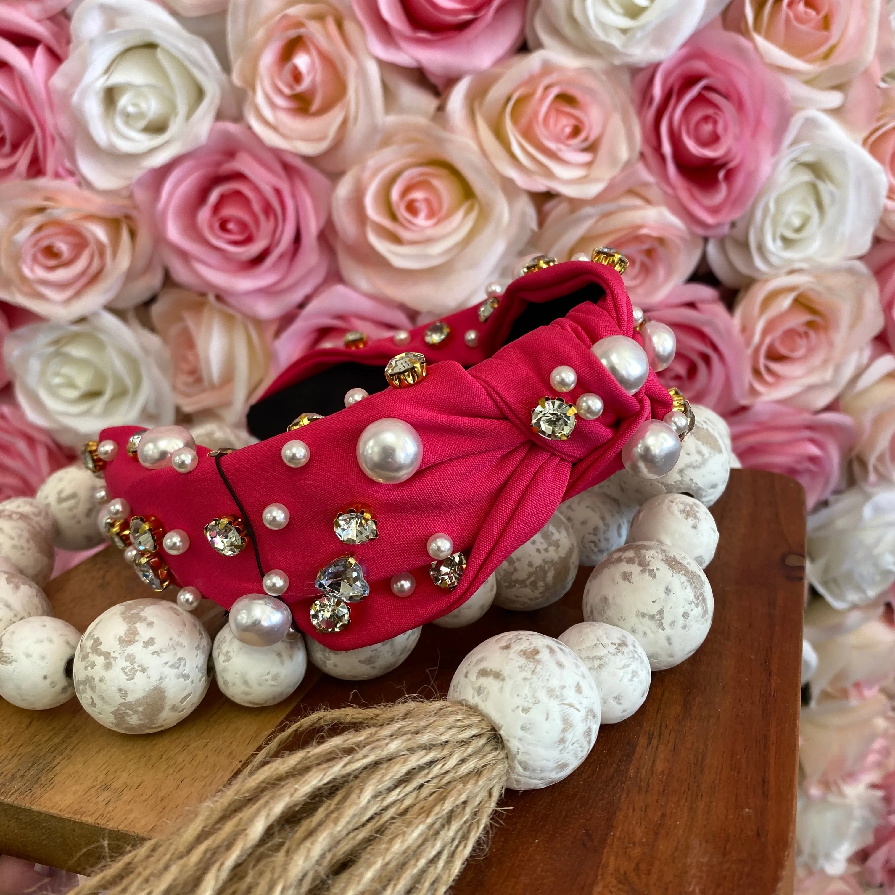 HOT PINK PEARL & CRYSTAL STUDDED KNOTTED HEADBAND