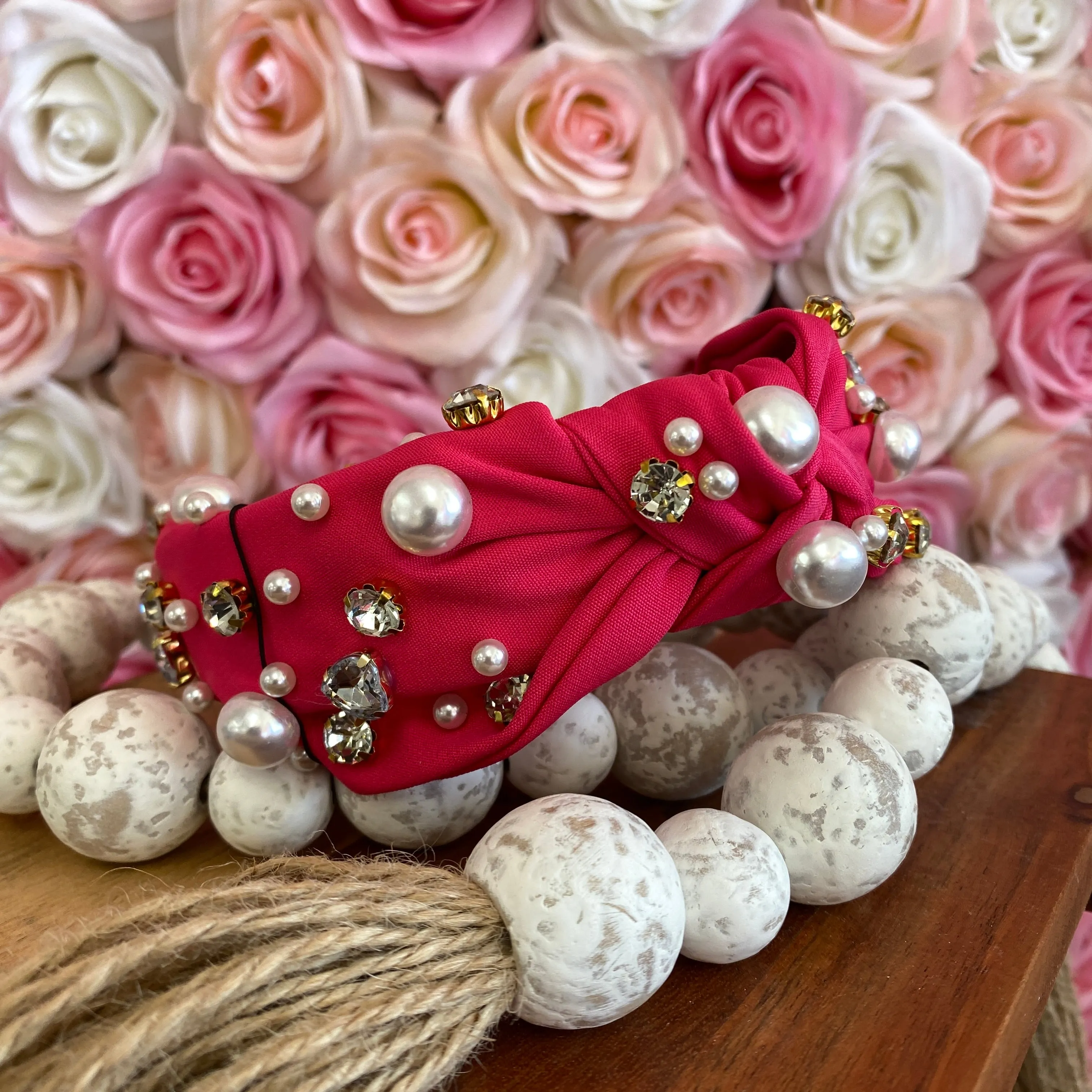 HOT PINK PEARL & CRYSTAL STUDDED KNOTTED HEADBAND