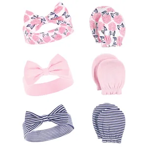 Hudson Baby Cotton Headband and Scratch Mitten Set, Navy Pink Floral