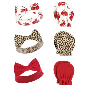 Hudson Baby Cotton Headband and Scratch Mitten Set, Rose Leopard