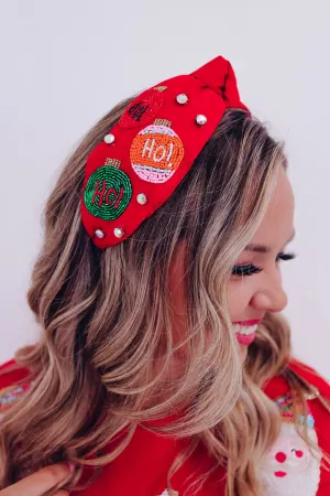 Jeweled Ho Ho Ho Seed Bead Headband - Red