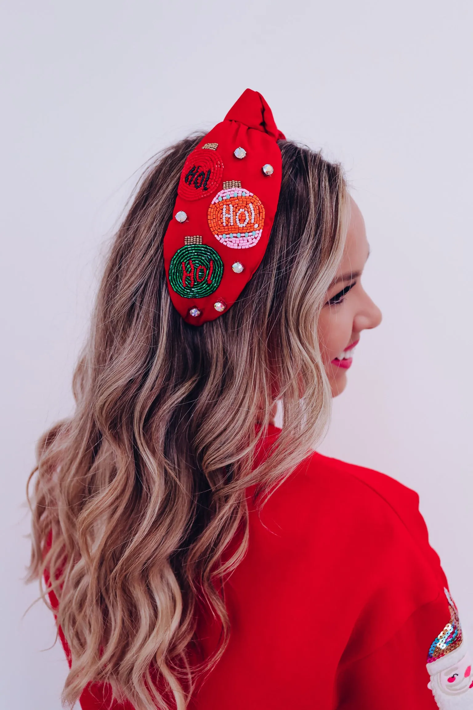 Jeweled Ho Ho Ho Seed Bead Headband - Red