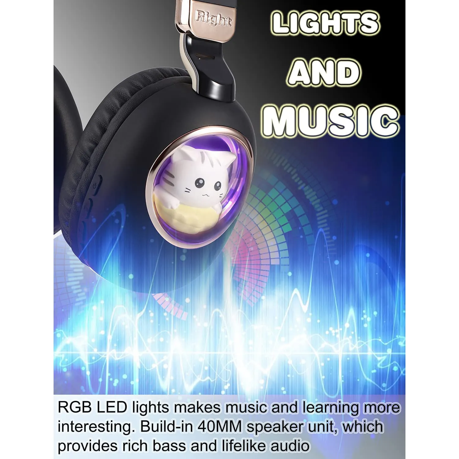 Kids Wireless Headphones With Cute Cat Colorful LED Lights - Purple