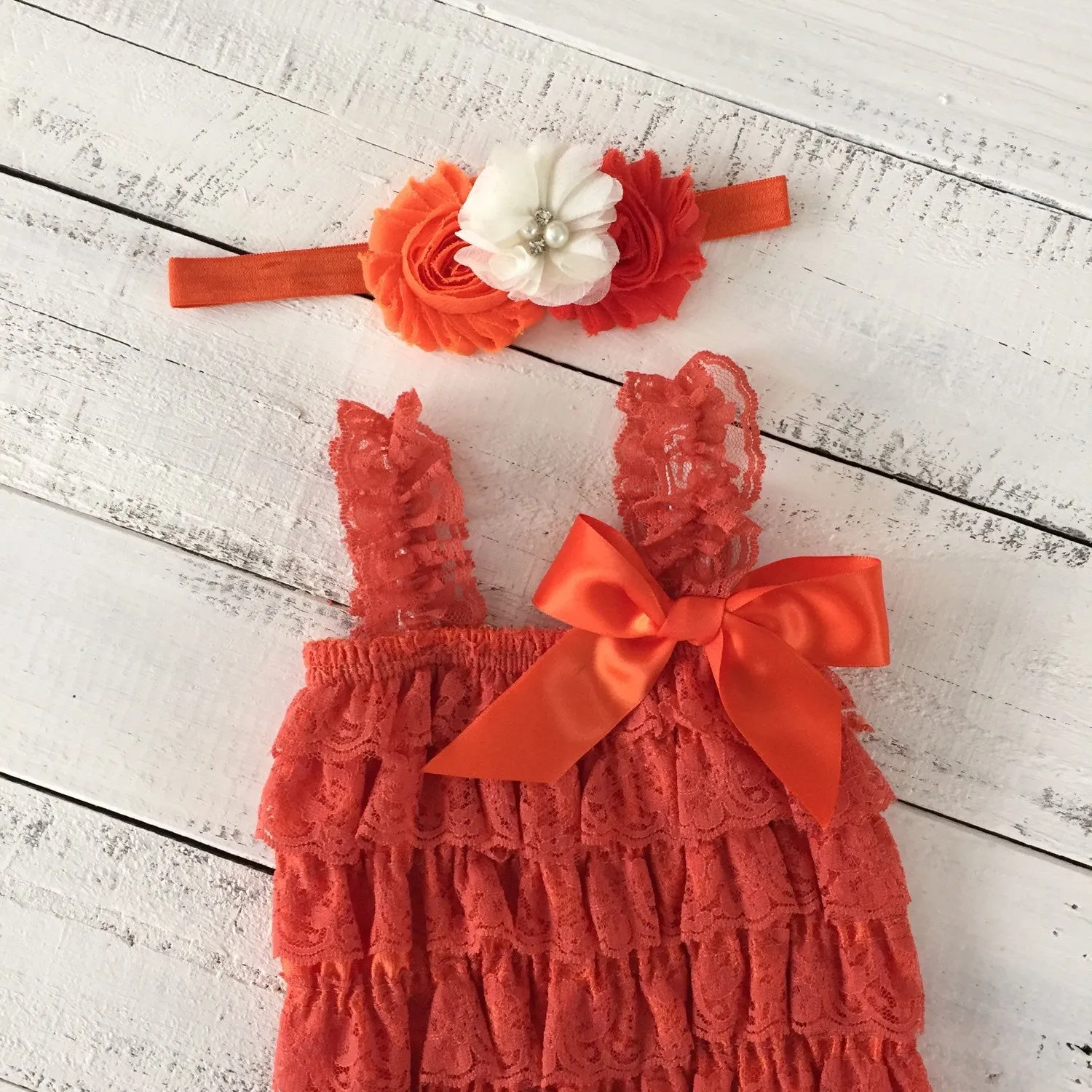 Lace Petti Romper - Embelished Orange romper and matching headband