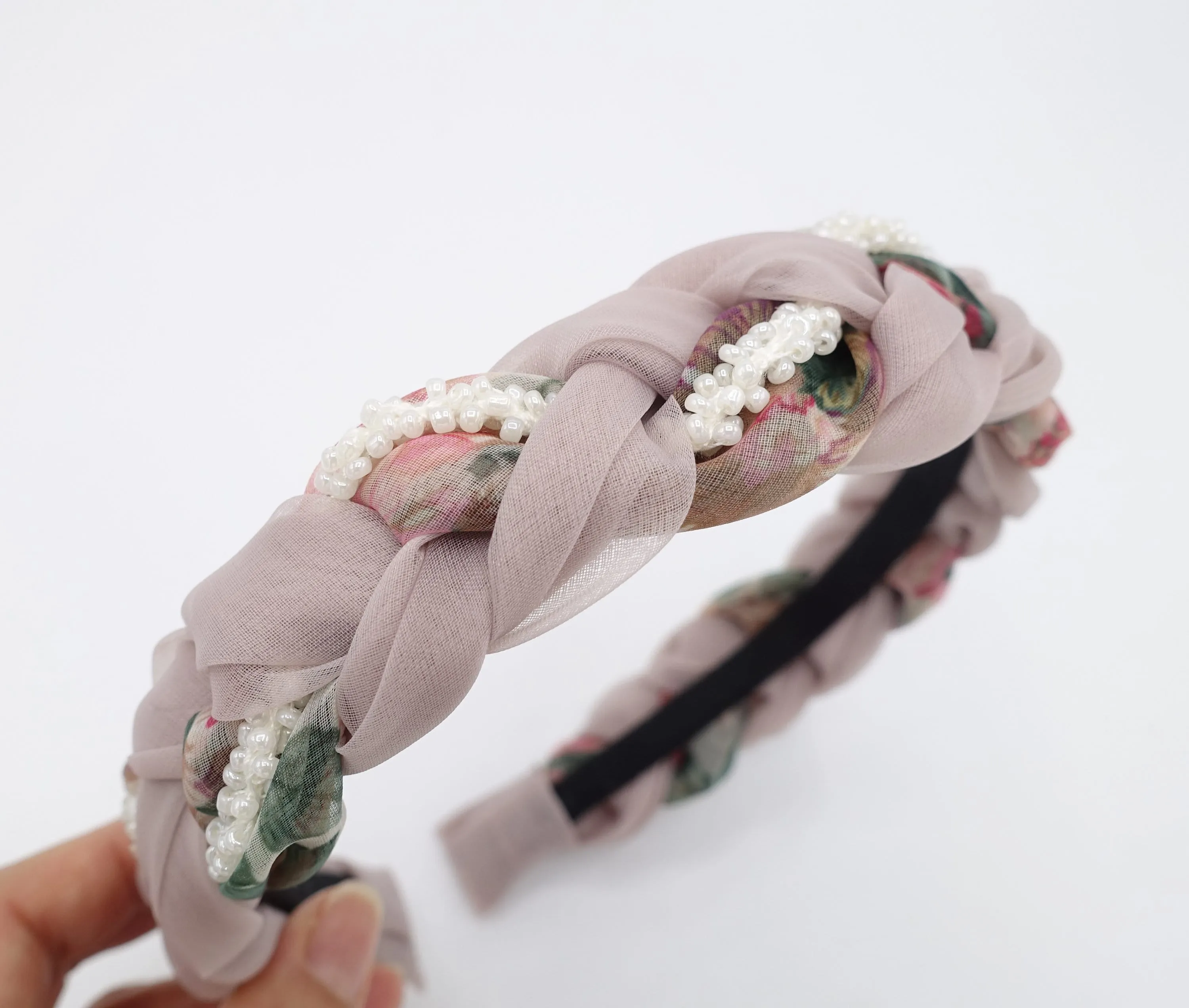 organza braided headband, floral braided headband, beads braided headband for women