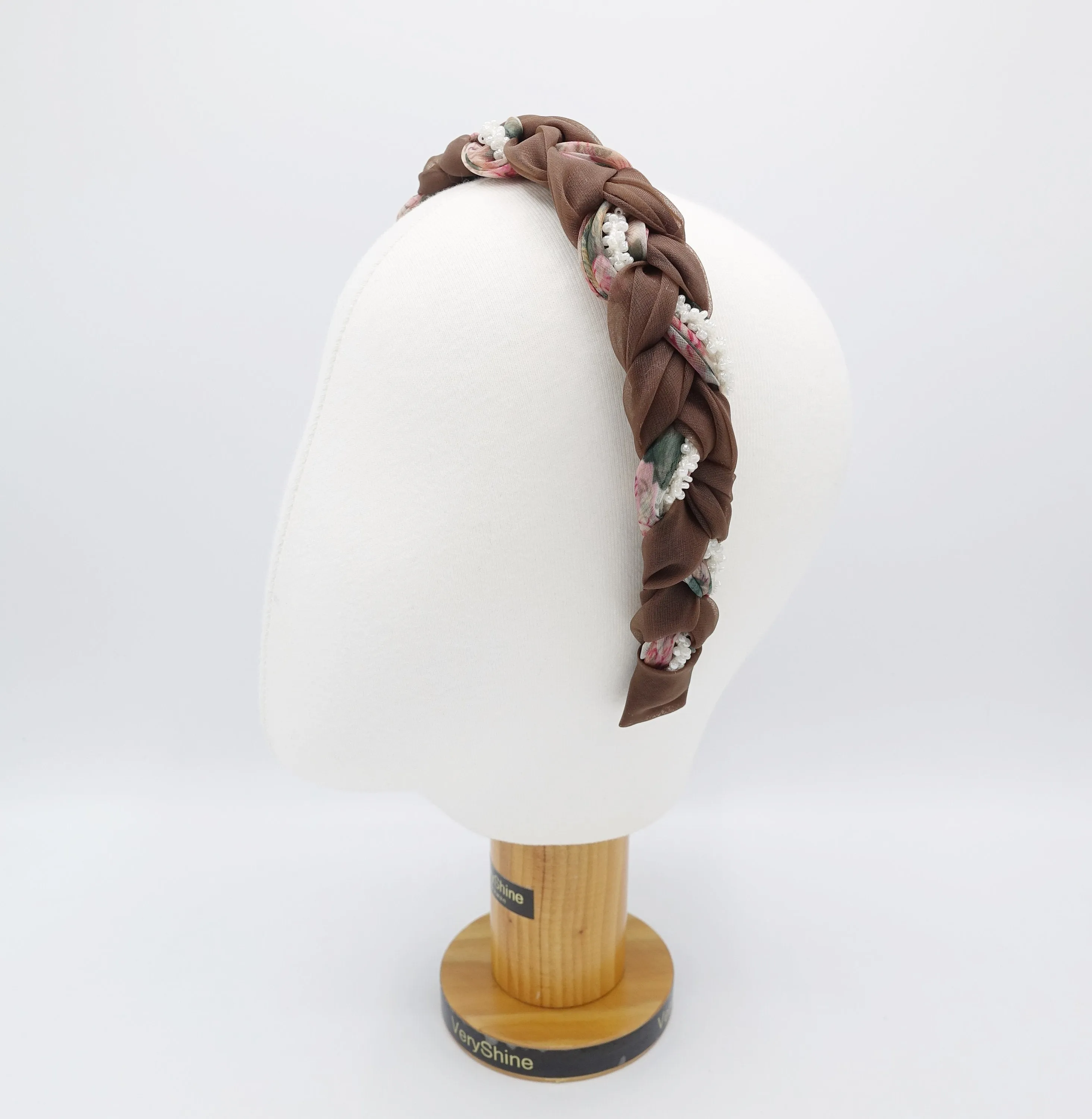 organza braided headband, floral braided headband, beads braided headband for women