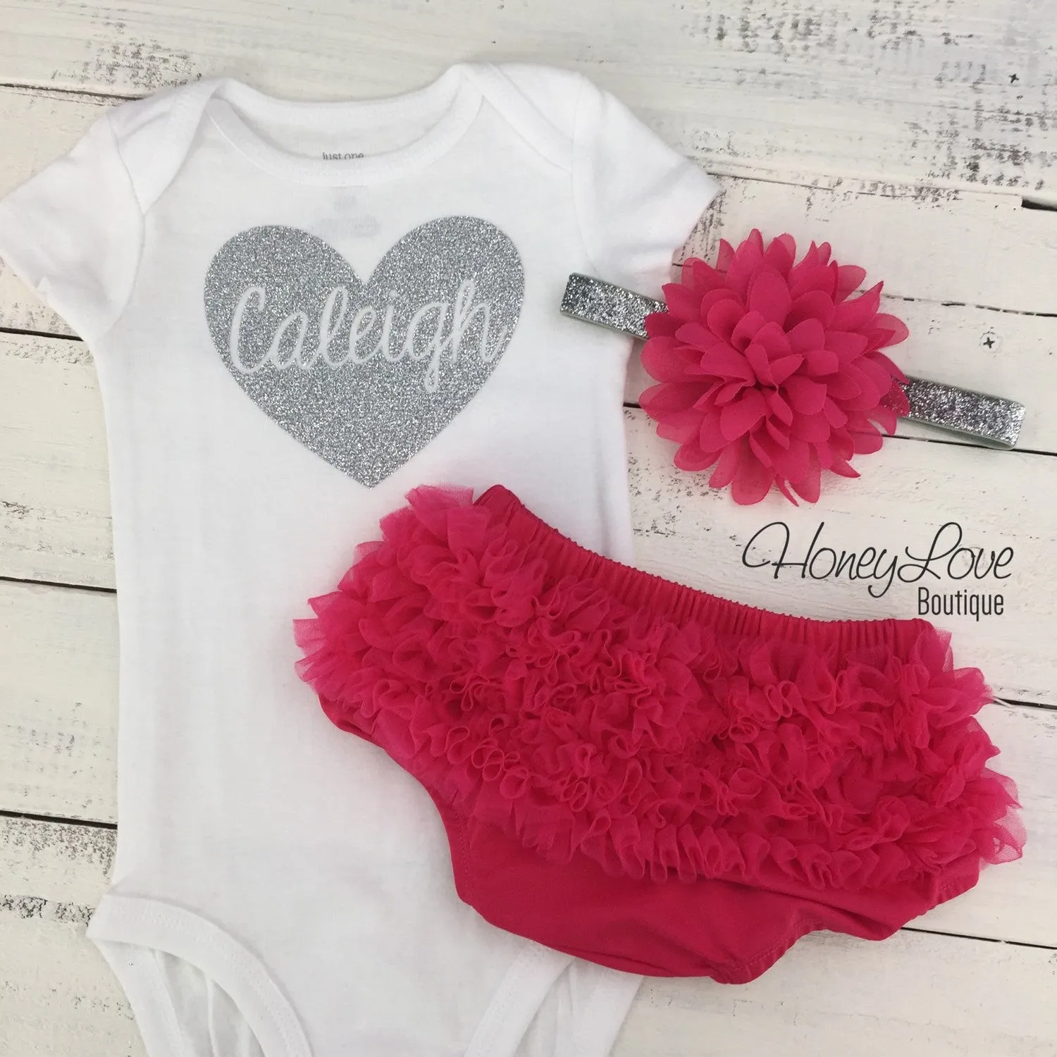 PERSONALIZED Name inside Heart - Watermelon Pink and Silver/Gold Glitter - ruffle bottom bloomer