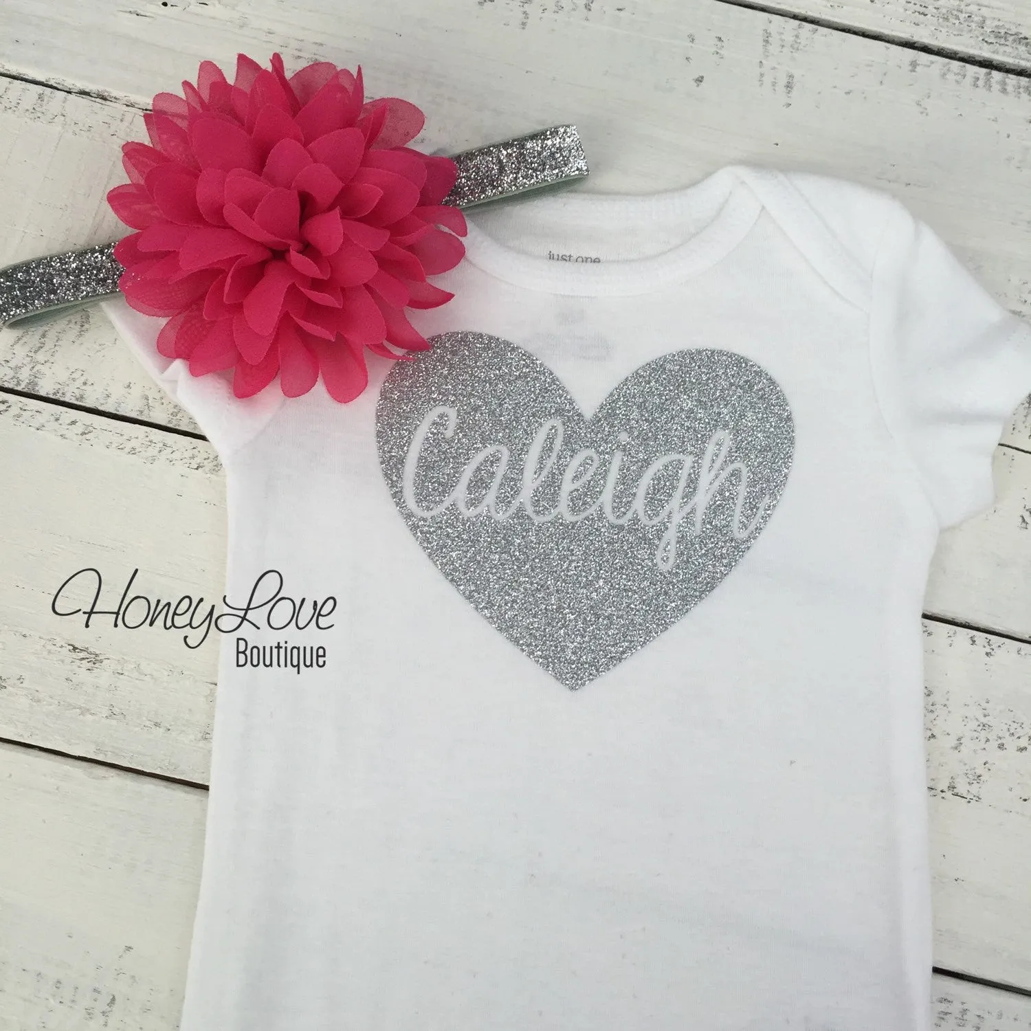 PERSONALIZED Name inside Heart - Watermelon Pink and Silver/Gold Glitter - ruffle bottom bloomer