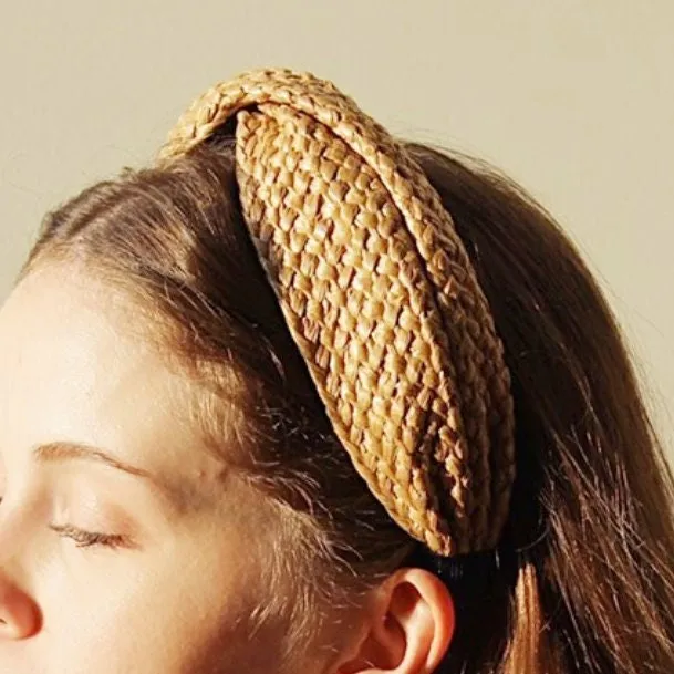 rattan cross headband fabric layered straw hairband Summer holiday hair accessory for women