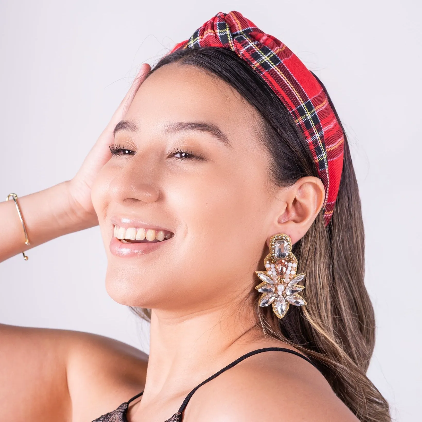 Red Black Plaid Top Knot Headband